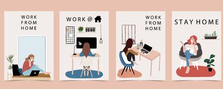 people who freelancers is working on laptop and computer at home.Woman at home in quarantineのイラスト素材