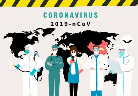 Novel coronavirus background and covid-19 concept of doctor teamwork design to prevent the spread of bacteria, viruses.Vector illustration for posterのイラスト素材