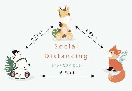 Cute animal social ditancing collection with giraffe,zebra,fox is wearing mask.Vector illustration for prevention the spread of bacteria,coronvirusesのイラスト素材