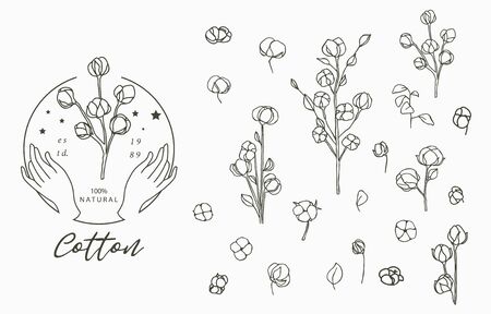 Black cotton logo collection with leaves,geometric.Vector illustration for icon,logo,sticker,printable and tattooのイラスト素材
