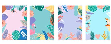 Collection of summer background set with palm,flamingo,flower.Editable vector illustration for invitation,postcard and website bannerのイラスト素材
