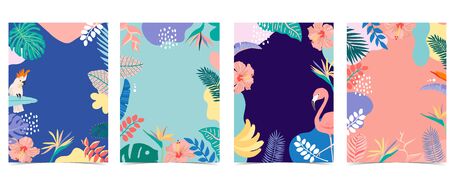 Collection of summer background set with palm,flamingo,flower.Editable vector illustration for invitation,postcard and website bannerのイラスト素材