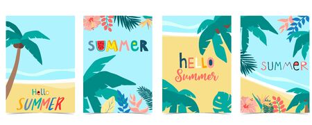 Collection of summer background set with palm,coconut tree,sea,beach.Editable vector illustration for invitation,postcard and website banner.Hello summerのイラスト素材