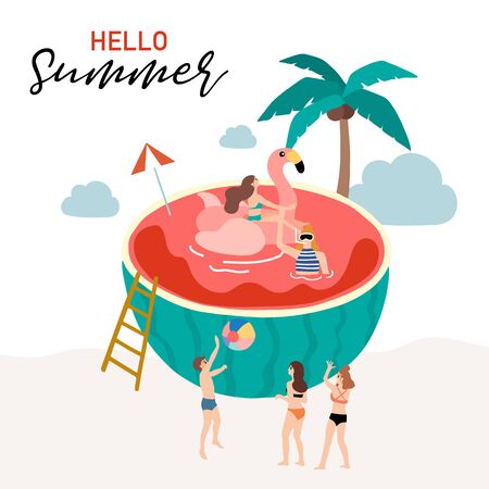 Collection of summer background set with people,watermelon,beach,coconut tree.Editable vector illustration for New year invitation,postcard and website bannerのイラスト素材