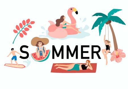 Collection of summer background set with people,watermelon,beach,coconut tree.Editable vector illustration for invitation,postcard and website banner.Hello summerのイラスト素材