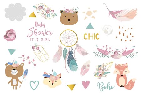 Doodle boho set with bear,feather,dreamcatcher,flower. illustration for logo,sticker,postcard,birthday invitation.Editable elementのイラスト素材