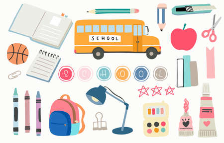 back to school object with pencil,bus,book,pen,ball. illustration for logo,sticker,postcard,birthday invitation.Editable elementのイラスト素材