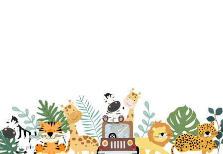 Green collection of safari background set with zebra,lion,giraffe.Editable vector illustration for birthday invitation,postcard and stickerのイラスト素材