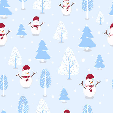 Cute winter seamless pattern with snowman,snow,tree for Christmas holidayのイラスト素材