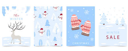 Collection of winter background set with tree,raindeer,snowman.Editable vector illustration for christmas invitation,postcard and website bannerのイラスト素材