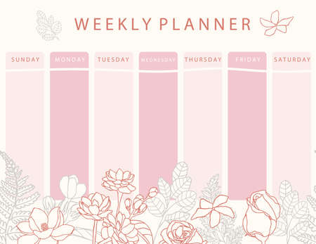 Pink flower calendar planner with rose,jasmine,leaves.Can use for printable,scrapbook,diaryのイラスト素材