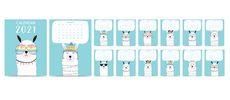 Doodle pastel calendar set 2021 with llama for children.Can be used for printable graphic.Editable elementのイラスト素材