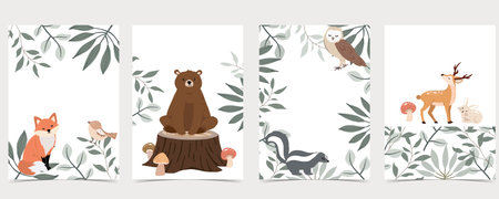Collection of animal cards set with bear,skunk.Vector illustration for birthday invitation,postcard and sticker.Editable elementのイラスト素材