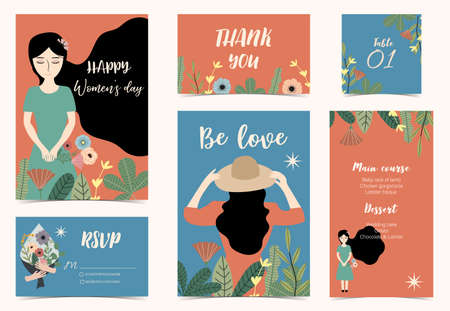 Collection of international woman's day with flower.Editable vector illustration for website, invitation,postcard and bannerのイラスト素材