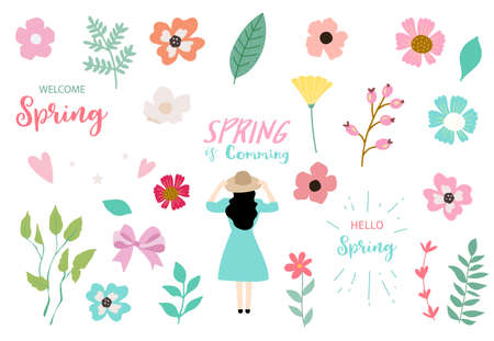 Collection of spring set with woman,flower.Editable vector illustration for website, invitation,postcard and stickerのイラスト素材