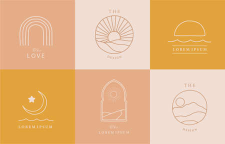 Collection of line design with sun,sea,wave.Editable vector illustration for website, sticker, tattoo,iconのイラスト素材