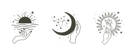 Beauty boho collection with hand,sun,moon,star.Vector illustration for icon,sticker,printable and tattooのイラスト素材