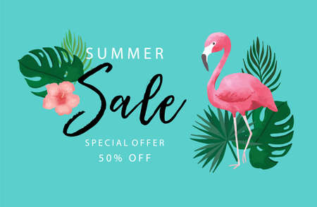Collection of summer sale background set with flamingo,coconut tree.Editable vector illustration for invitation,postcard and website bannerのイラスト素材