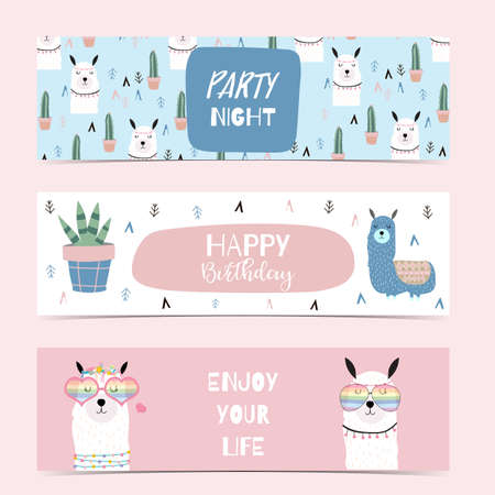 Set of cute banner with llama and cactus.Vector illustration for baby invitation, kid birthday invitation,banner and postcardのイラスト素材
