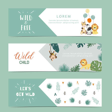 Set of cute safari with giraffe, zebra,monkey.Vector illustration for baby invitation, kid birthday invitation,banner and postcardのイラスト素材