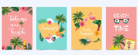 Collection of summer background set with fruit,flamingo,coconut tree.Editable vector illustration for invitation,postcard and website bannerのイラスト素材