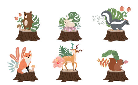 Cute woodland object collection with skunk,bear,fox,deer,stump and leaves.Vector illustration for icon,sticker,printableのイラスト素材