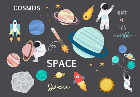 Collection of space object set with astronaut, sun, moon, star,rocket.Editable vector illustration...