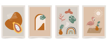 Collection of summer background set with flamingo,leaf,fruit.Editable vector illustration for invitation,postcard and website banner.Hello summerのイラスト素材