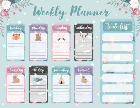 Weekly planner start on Sunday with bear cub,fox,wild,to do list that use for vertical digital and printable A4 A5 sizeのイラスト素材