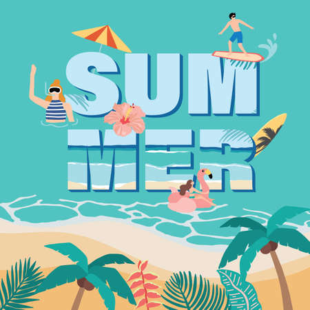 Summer background with coconut tree, flamingo ,people on the beachのイラスト素材