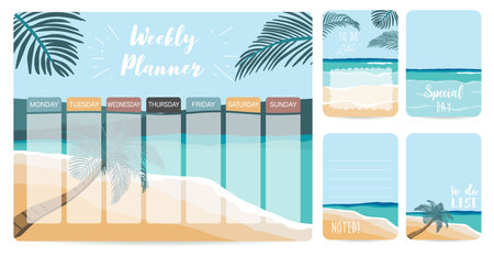 Weekly planner start on Sunday with beach,sea,to do list that use for vertical digital and printable A4 A5 sizeのイラスト素材