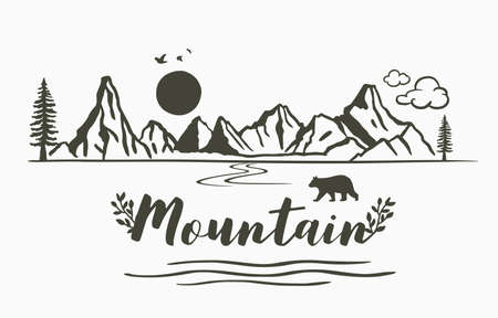 Black line natural scenery with mountain,river,sun,treeのイラスト素材