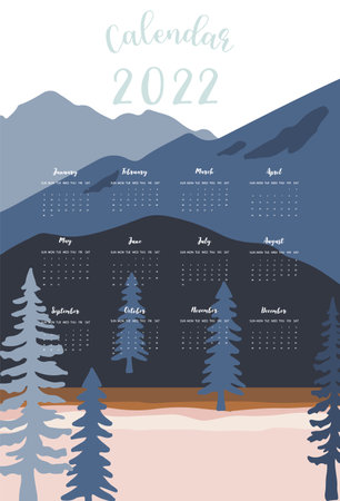 2022 table calendar week start on Sunday with mountain,landscape that use for vertical digital and printable A4 A5 sizeのイラスト素材