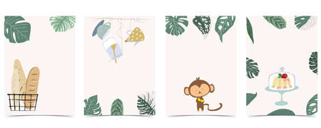 Collection of kid postcard set with leaf,monkey, cake.Editable vector illustration for website, invitation,postcard and stickerのイラスト素材