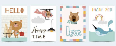 Collection of kid postcard set with rainbow,bear, narwhal.Editable vector illustration for website,...