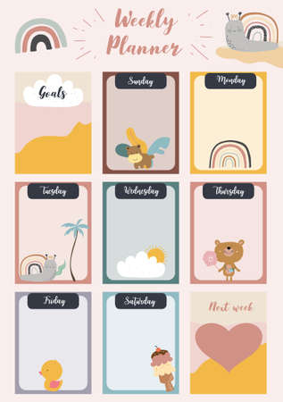 Weekly planner start on Sunday with animal and sun,to do list that use for vertical digital and printable A4 A5 sizeのイラスト素材