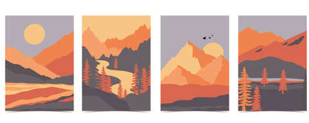 Collection of nature landscape background set with mountain,sea,sun,moon.Editable vector...