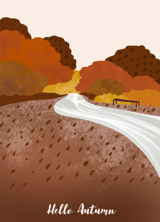 autumn forest background with tree,leaves,sky,roadのイラスト素材