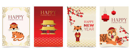 Gold red Chinese New Year card with tiger,flower,lunar,temple.Editable vector illustration for website, invitation,postcard and stickerのイラスト素材