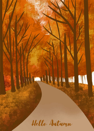 autumn forest background with tree,leaves,sky,roadのイラスト素材
