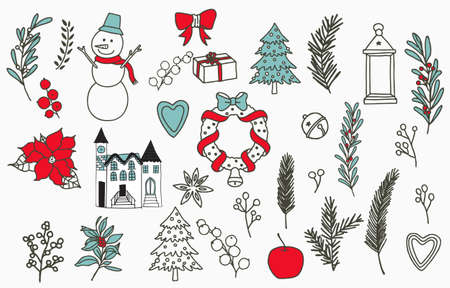 christmas object with snowman,wreath,flower,giftのイラスト素材