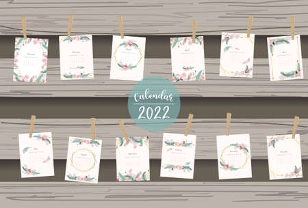 2022 table calendar week start on Sunday with feather and flower that use for vertical digital and printable A4 A5 sizeのイラスト素材