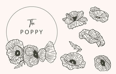 Black poppy flower outline with circle.Vector illustration for icon,sticker,printable and tattooのイラスト素材
