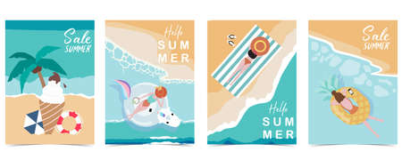 Party summer time postcard with pool and beach in the daytime backgroundのイラスト素材