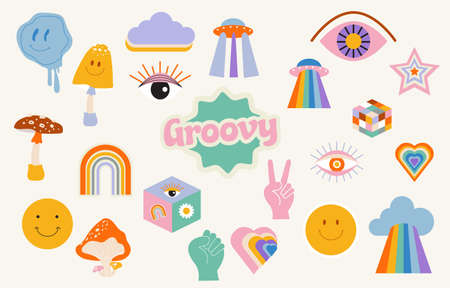 Retro 70s and 80s teenager object design in pop and groovy styleのイラスト素材