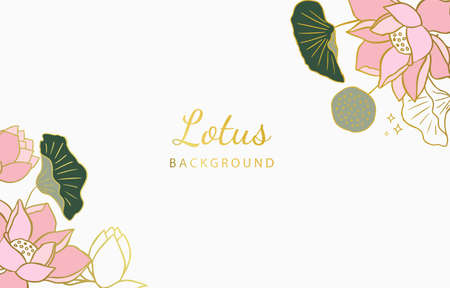 Golden pink lotus background. Line art design for postcard, invitation ,presentationのイラスト素材