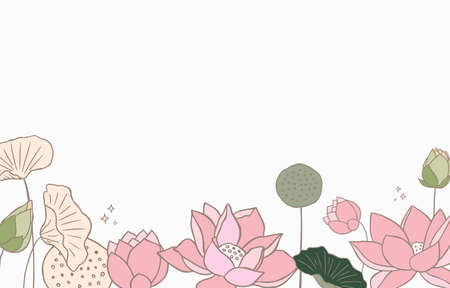 Golden pink lotus background. Line art design for postcard, invitation ,presentationのイラスト素材