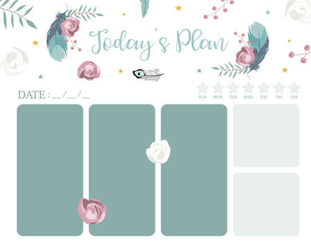 cute weekly planner background with flower,feather.Vector illustration for kid and babyのイラスト素材