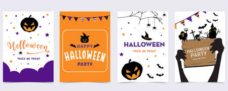 Party halloween postcard with web, spider, bat,pumpkin,house, skeletonのイラスト素材