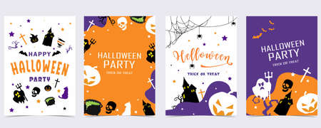 Party halloween postcard with web, spider, bat,pumpkin,house, skeletonのイラスト素材